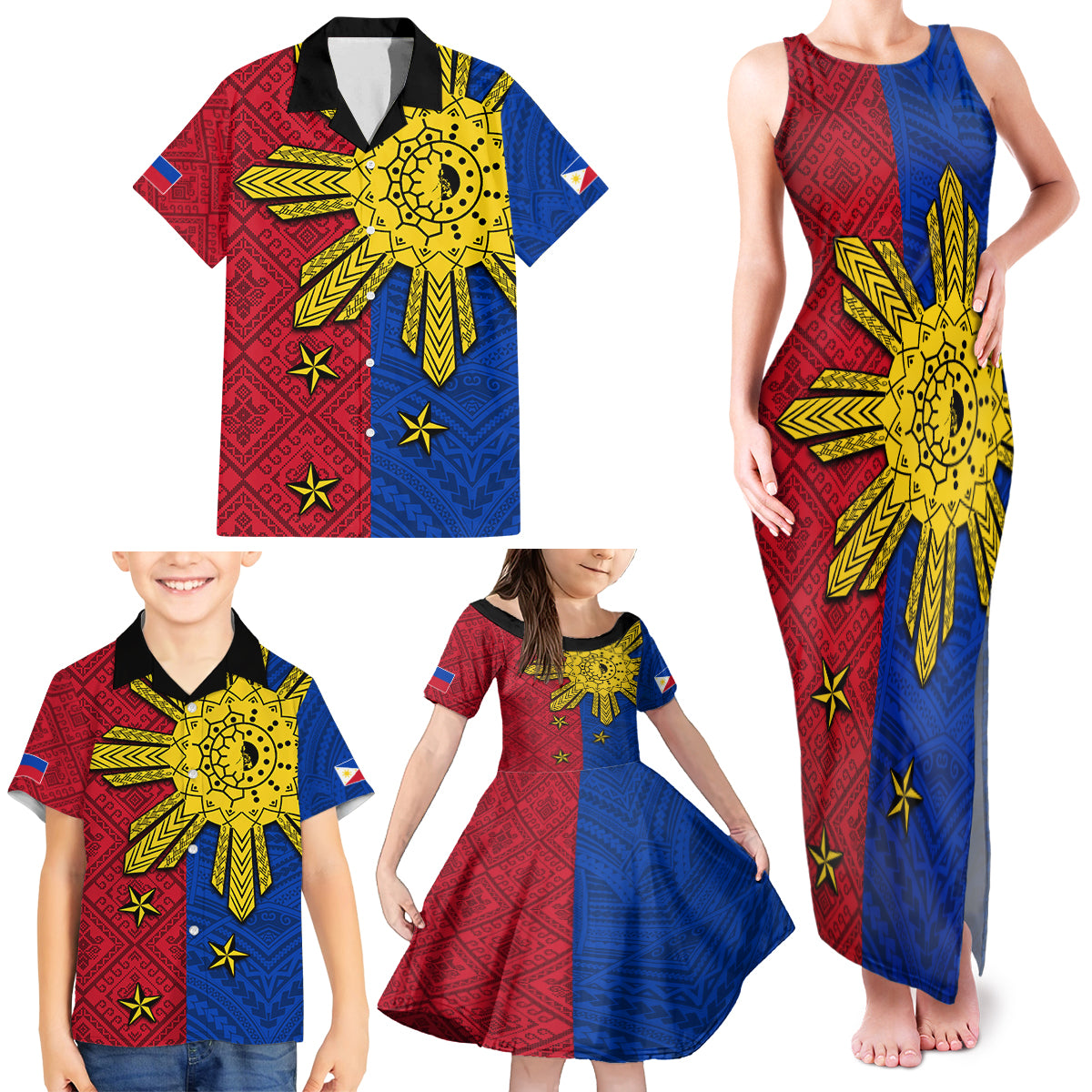 Philippines Sun Batok Tattoo Family Matching Tank Maxi Dress and Hawaiian Shirt Polynesian and Yakan Pattern LT03 - Polynesian Pride