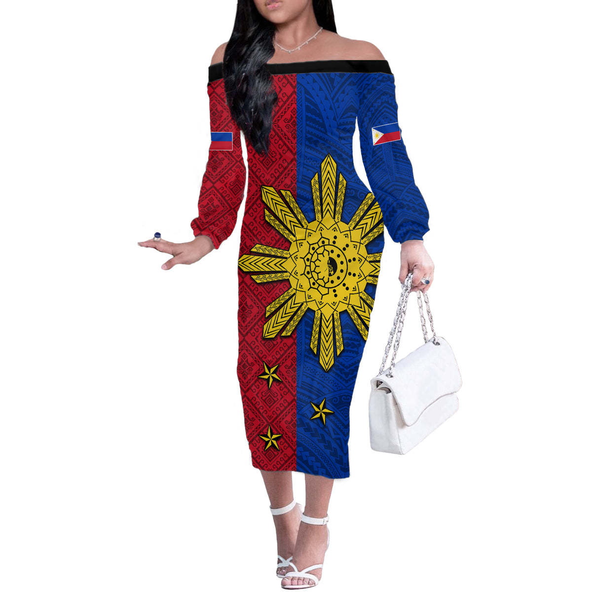 Philippines Sun Batok Tattoo Off The Shoulder Long Sleeve Dress Polynesian and Yakan Pattern