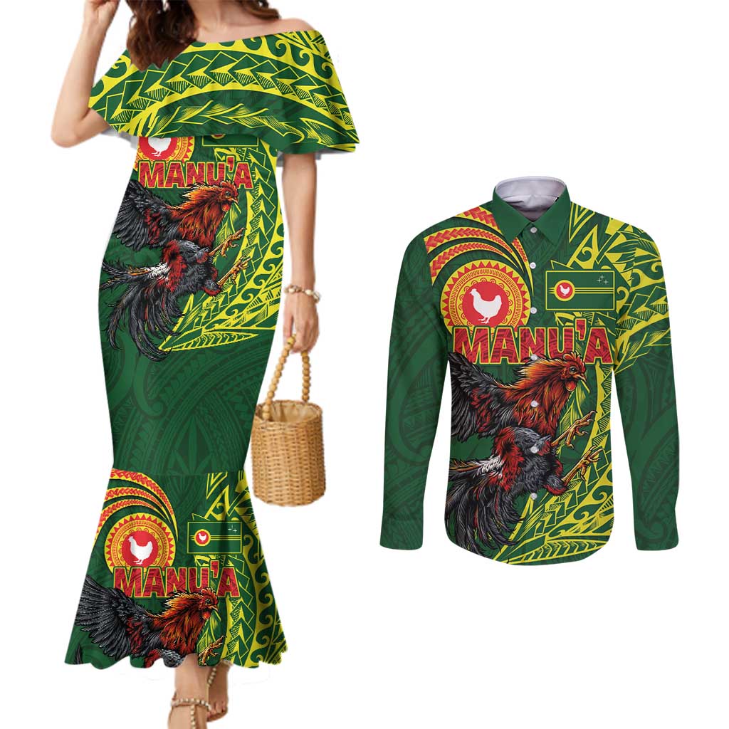 Proud of Manu'a Islands Couples Matching Mermaid Dress and Long Sleeve Button Shirt Rooster and Polynesian Art Wing Style LT03 Green - Polynesian Pride