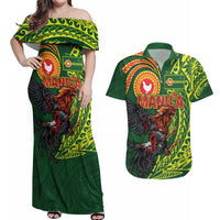 Proud of Manu'a Islands Couples Matching Off Shoulder Maxi Dress and Hawaiian Shirt Rooster and Polynesian Art Wing Style LT03 Green - Polynesian Pride