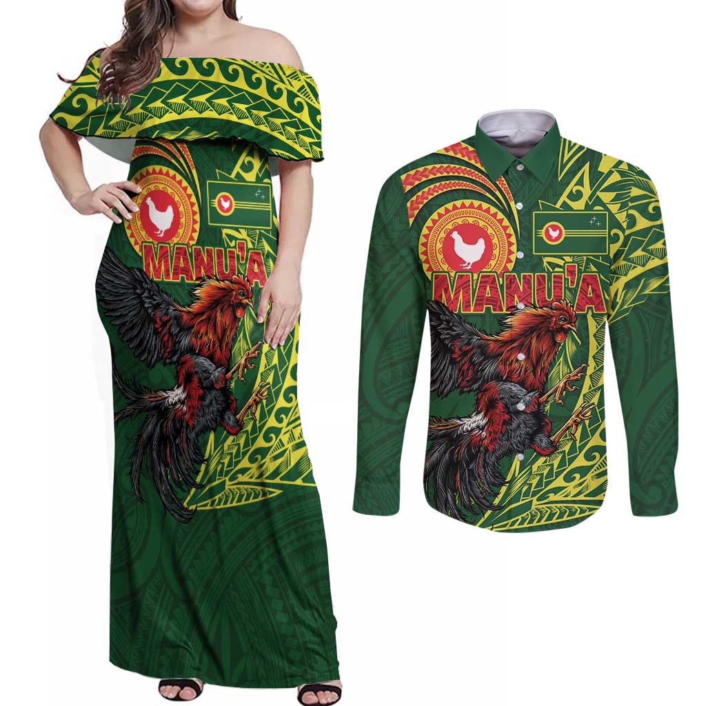 Proud of Manu'a Islands Couples Matching Off Shoulder Maxi Dress and Long Sleeve Button Shirt Rooster and Polynesian Art Wing Style LT03 Green - Polynesian Pride