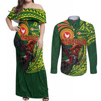 Proud of Manu'a Islands Couples Matching Off Shoulder Maxi Dress and Long Sleeve Button Shirt Rooster and Polynesian Art Wing Style LT03 Green - Polynesian Pride