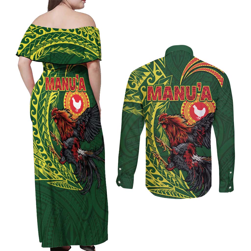 Proud of Manu'a Islands Couples Matching Off Shoulder Maxi Dress and Long Sleeve Button Shirt Rooster and Polynesian Art Wing Style LT03 - Polynesian Pride