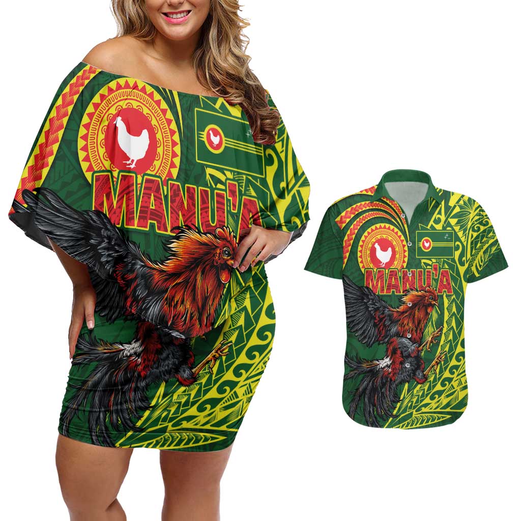 Proud of Manu'a Islands Couples Matching Off Shoulder Short Dress and Hawaiian Shirt Rooster and Polynesian Art Wing Style LT03 Green - Polynesian Pride