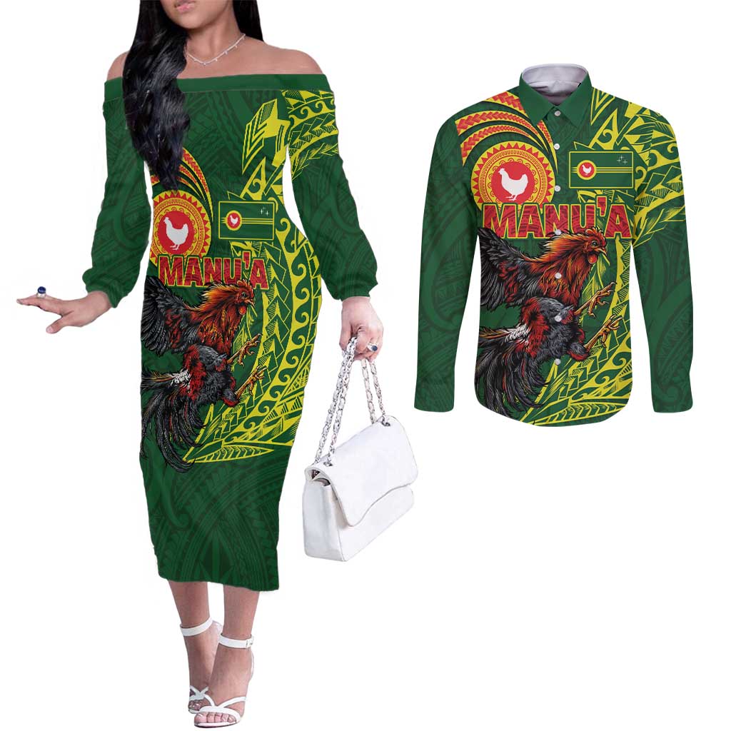 Proud of Manu'a Islands Couples Matching Off The Shoulder Long Sleeve Dress and Long Sleeve Button Shirt Rooster and Polynesian Art Wing Style LT03 Green - Polynesian Pride