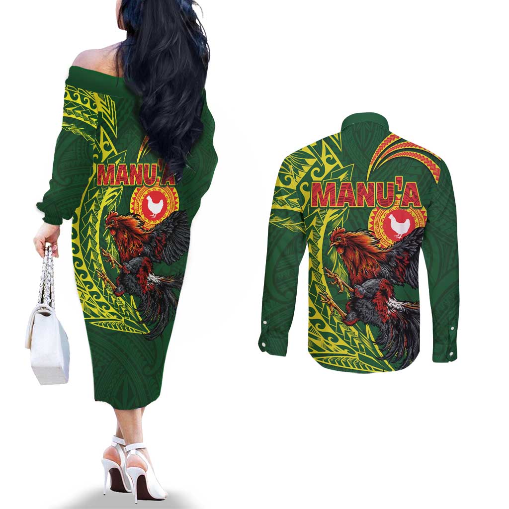 Proud of Manu'a Islands Couples Matching Off The Shoulder Long Sleeve Dress and Long Sleeve Button Shirt Rooster and Polynesian Art Wing Style LT03 - Polynesian Pride