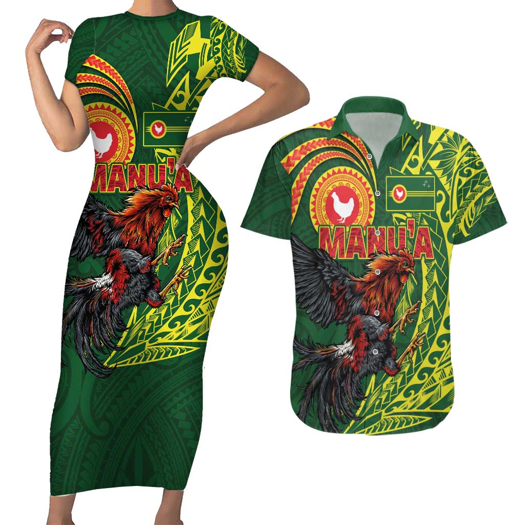 Proud of Manu'a Islands Couples Matching Short Sleeve Bodycon Dress and Hawaiian Shirt Rooster and Polynesian Art Wing Style LT03 Green - Polynesian Pride