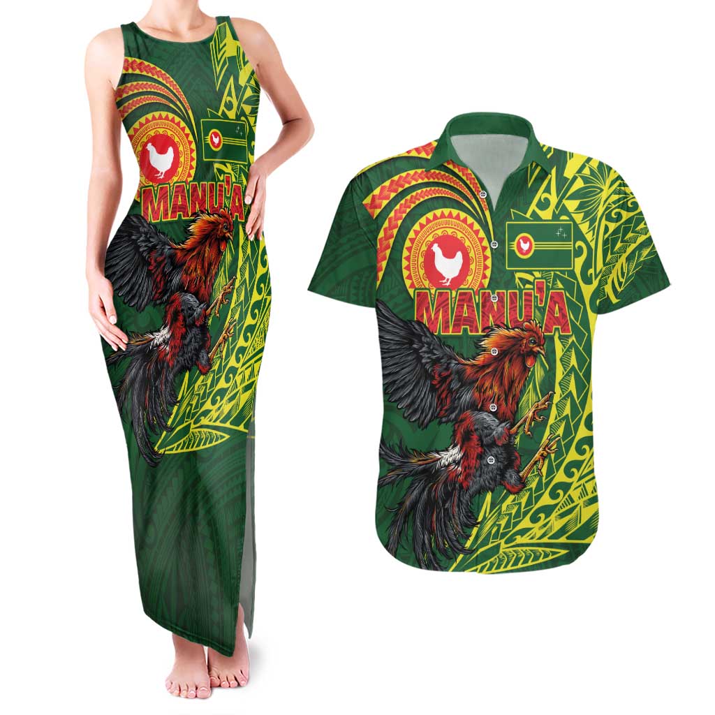 Proud of Manu'a Islands Couples Matching Tank Maxi Dress and Hawaiian Shirt Rooster and Polynesian Art Wing Style LT03 Green - Polynesian Pride