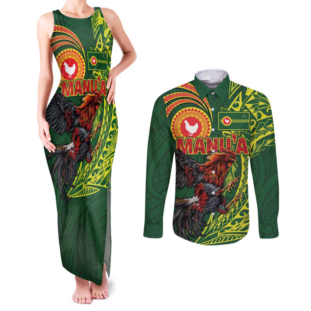 Proud of Manu'a Islands Couples Matching Tank Maxi Dress and Long Sleeve Button Shirt Rooster and Polynesian Art Wing Style