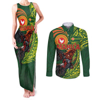 Proud of Manu'a Islands Couples Matching Tank Maxi Dress and Long Sleeve Button Shirt Rooster and Polynesian Art Wing Style LT03 Green - Polynesian Pride