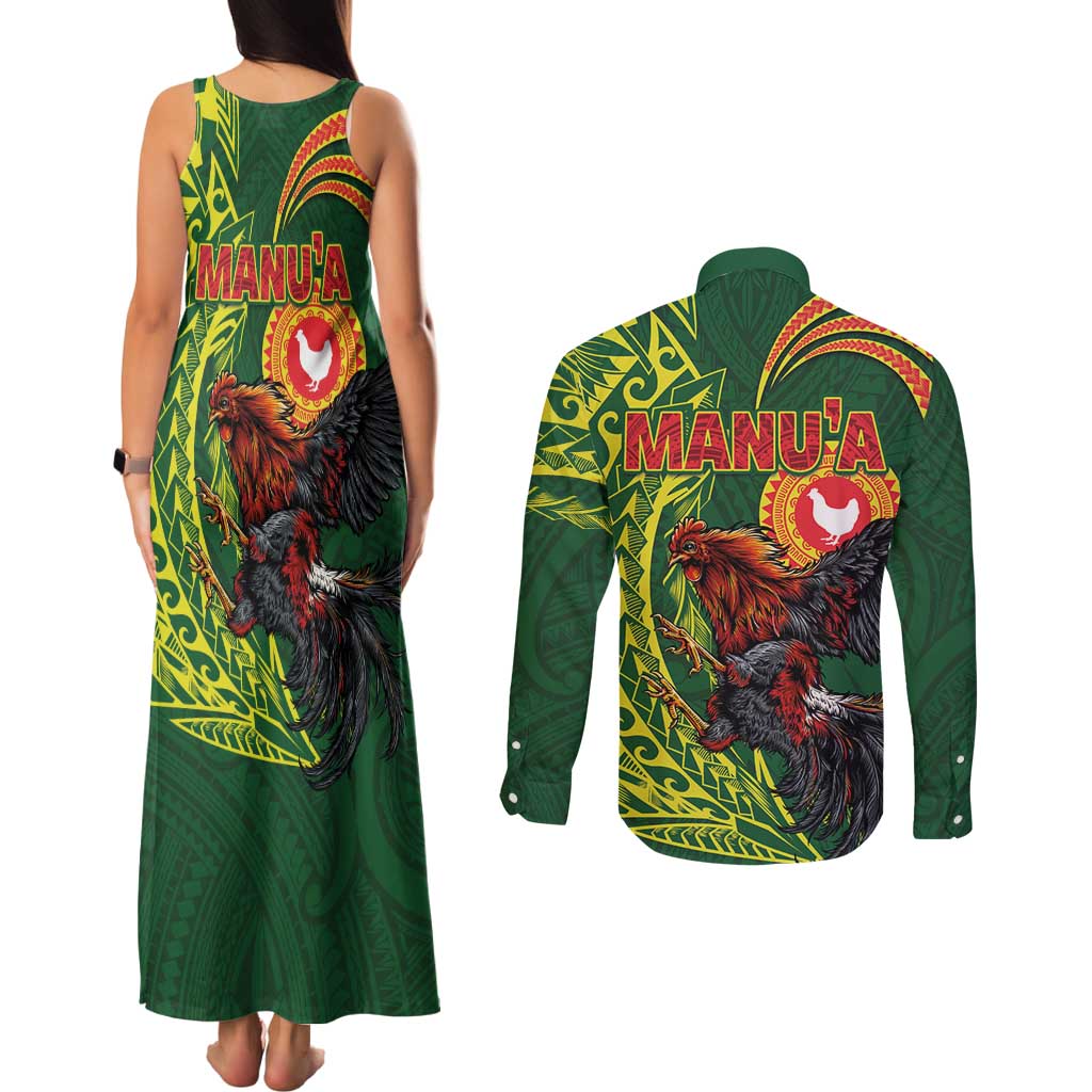 Proud of Manu'a Islands Couples Matching Tank Maxi Dress and Long Sleeve Button Shirt Rooster and Polynesian Art Wing Style LT03 - Polynesian Pride