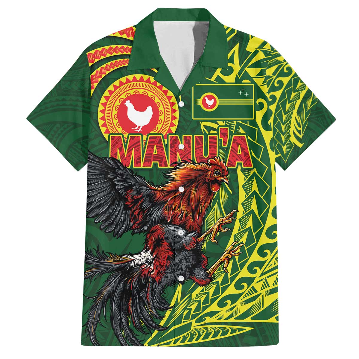 Proud of Manu'a Islands Family Matching Off The Shoulder Long Sleeve Dress and Hawaiian Shirt Rooster and Polynesian Art Wing Style LT03 Dad's Shirt - Short Sleeve Green - Polynesian Pride