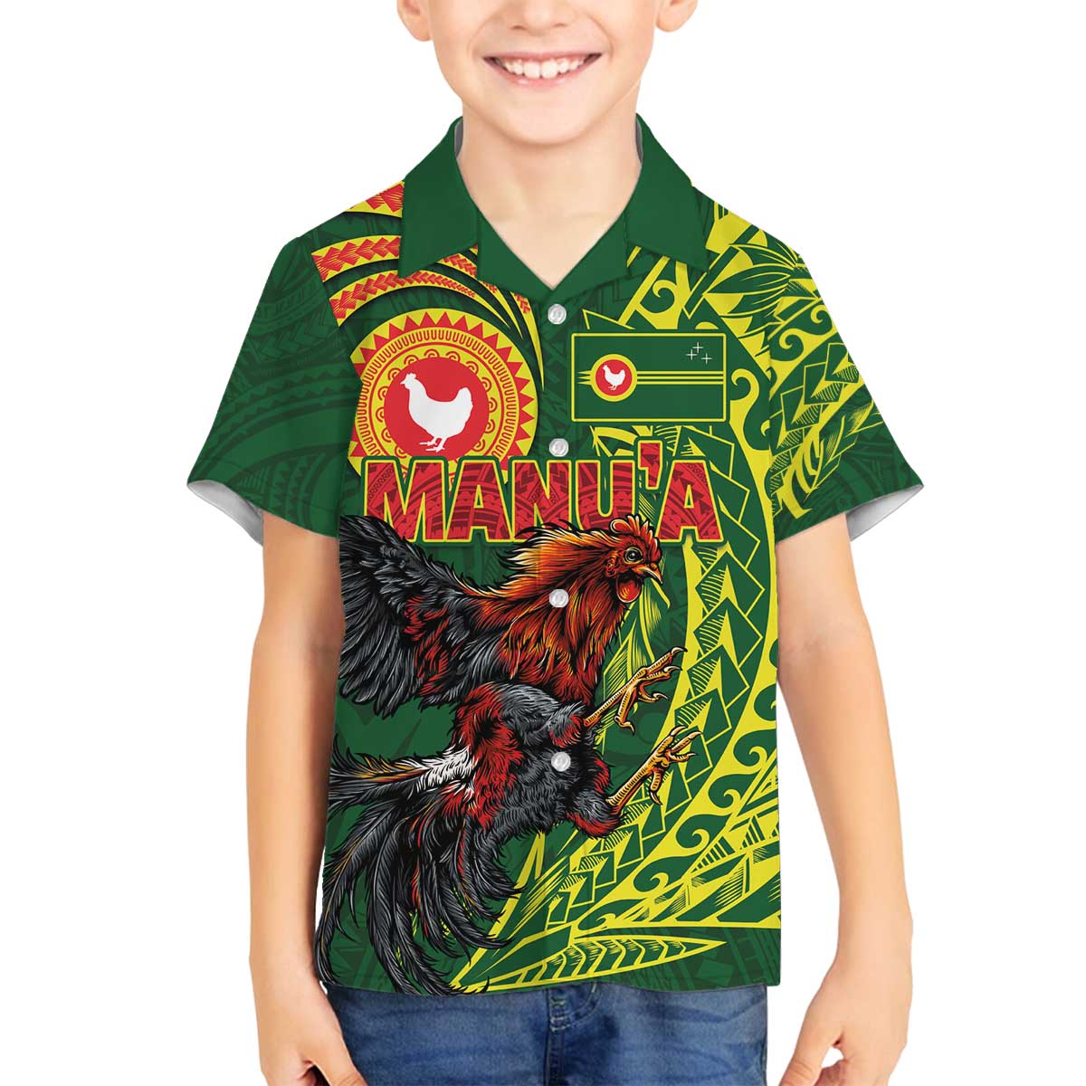 Proud of Manu'a Islands Family Matching Off The Shoulder Long Sleeve Dress and Hawaiian Shirt Rooster and Polynesian Art Wing Style LT03 Son's Shirt Green - Polynesian Pride