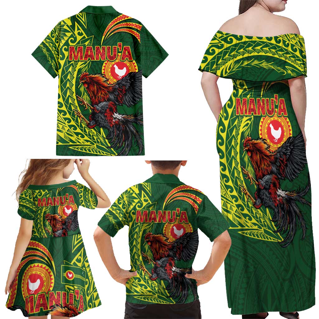 Proud of Manu'a Islands Family Matching Off Shoulder Maxi Dress and Hawaiian Shirt Rooster and Polynesian Art Wing Style LT03 - Polynesian Pride