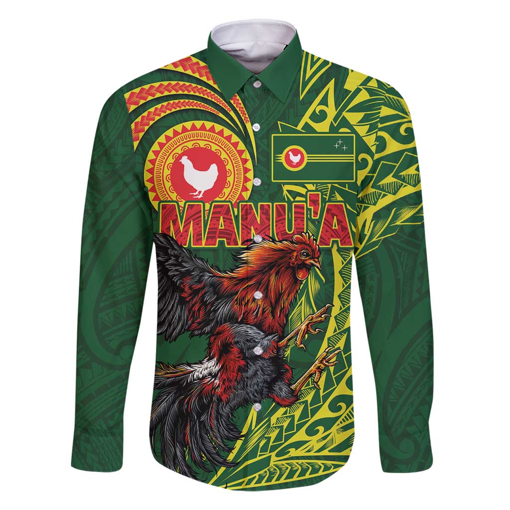 Proud of Manu'a Islands Family Matching Off Shoulder Maxi Dress and Hawaiian Shirt Rooster and Polynesian Art Wing Style LT03 Dad's Shirt - Long Sleeve Green - Polynesian Pride
