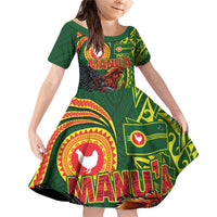 Proud of Manu'a Islands Family Matching Off Shoulder Short Dress and Hawaiian Shirt Rooster and Polynesian Art Wing Style LT03 Daughter's Dress Green - Polynesian Pride