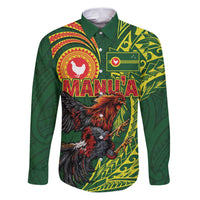 Proud of Manu'a Islands Family Matching Puletasi and Hawaiian Shirt Rooster and Polynesian Art Wing Style LT03 Dad's Shirt - Long Sleeve Green - Polynesian Pride
