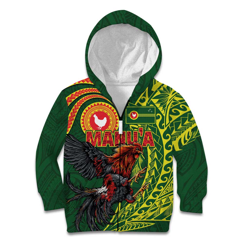 Proud of Manu'a Islands Kid Hoodie Rooster and Polynesian Art Wing Style LT03 Zip Hoodie Green - Polynesian Pride