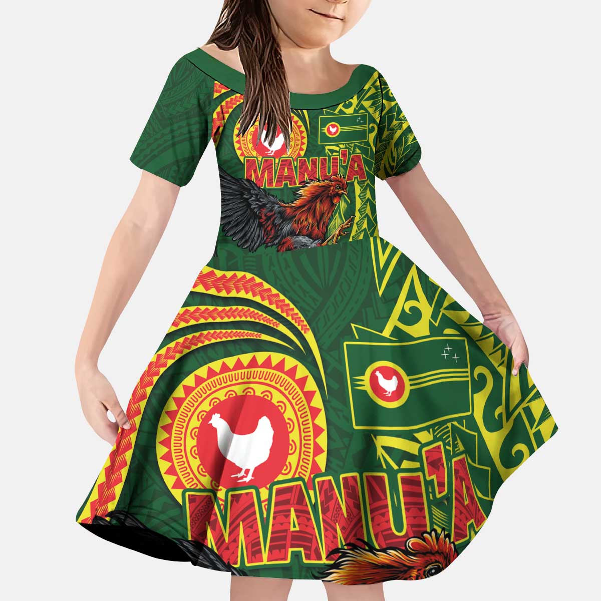 Proud of Manu'a Islands Kid Short Sleeve Dress Rooster and Polynesian Art Wing Style LT03 KID Green - Polynesian Pride