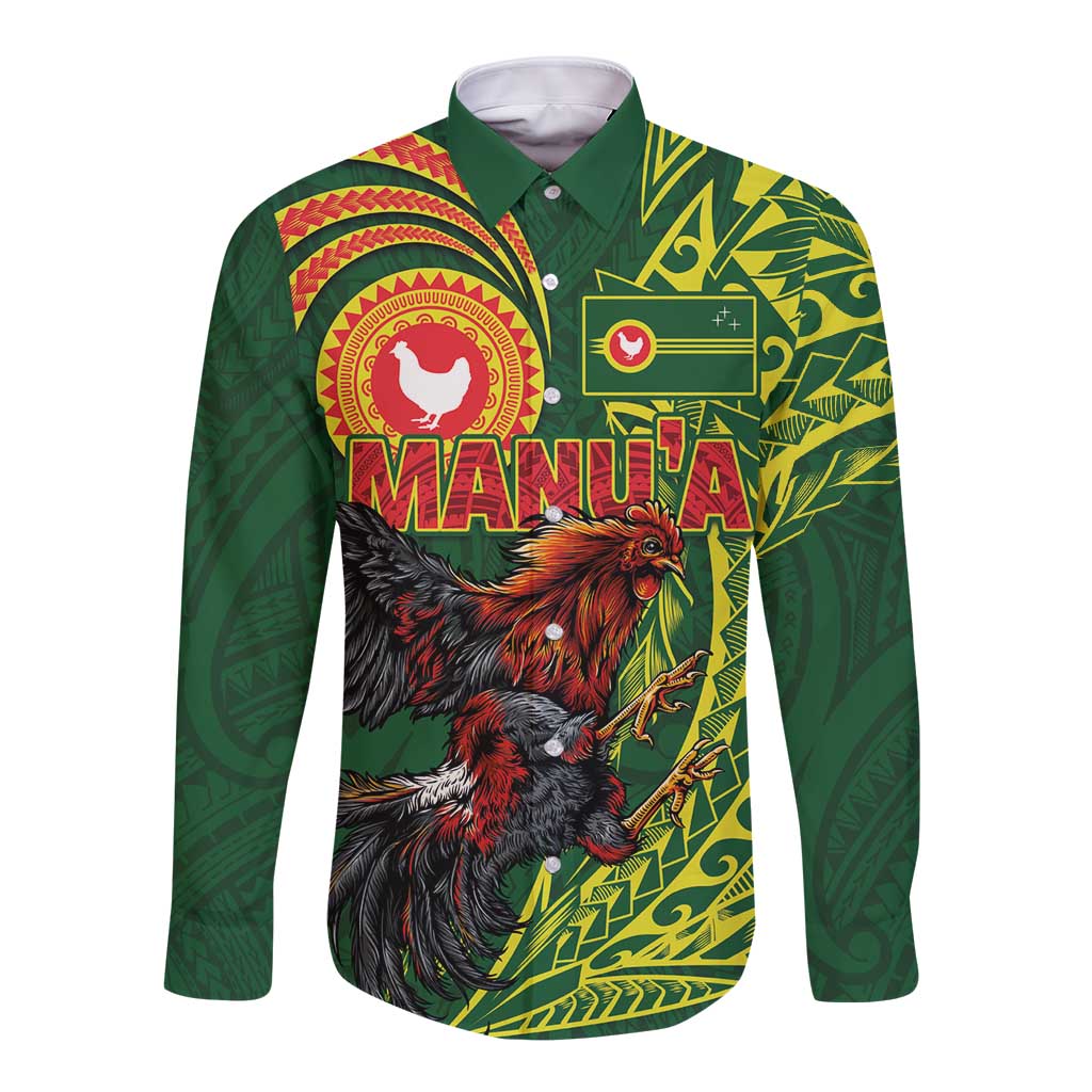 Proud of Manu'a Islands Long Sleeve Button Shirt Rooster and Polynesian Art Wing Style