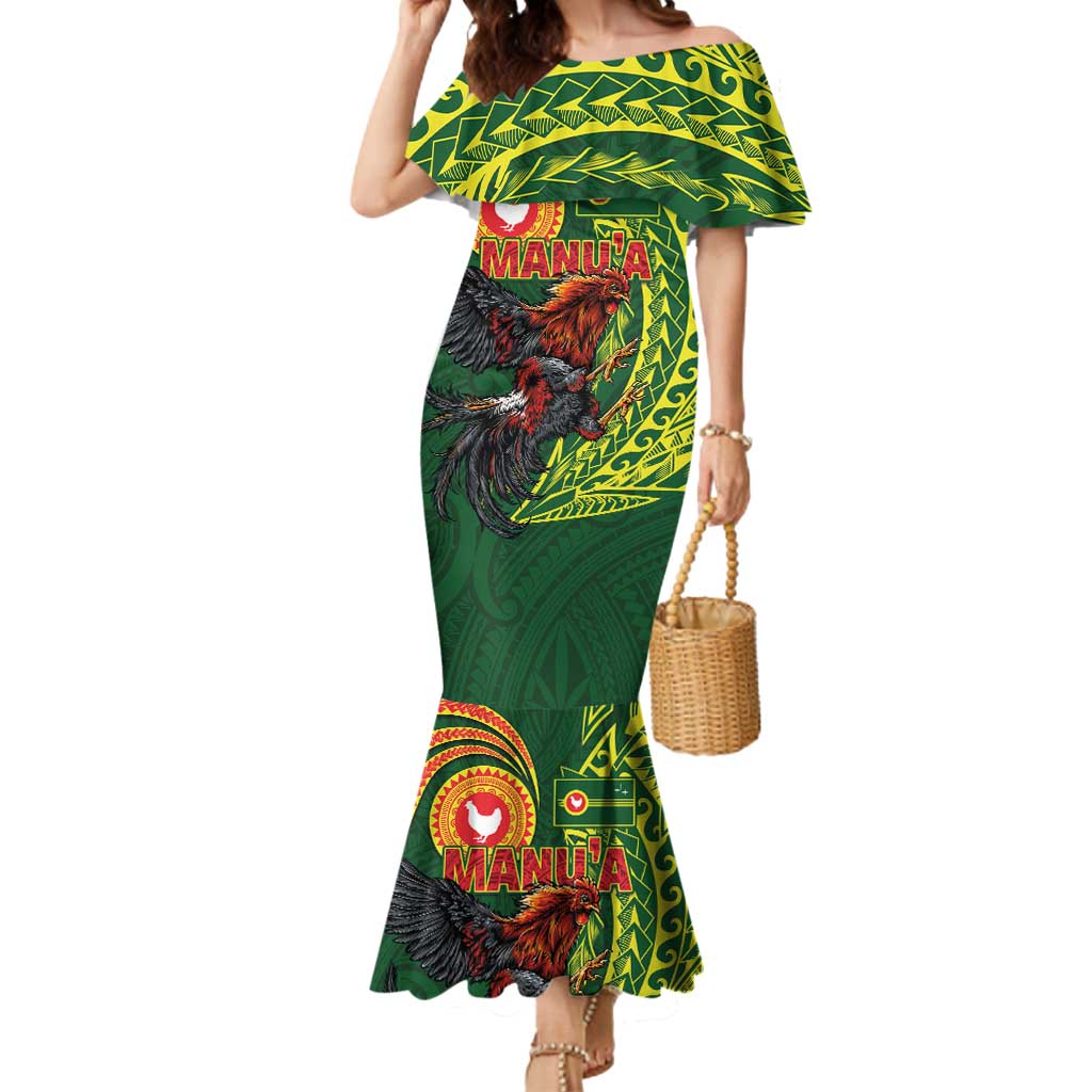 Proud of Manu'a Islands Mermaid Dress Rooster and Polynesian Art Wing Style LT03 Women Green - Polynesian Pride