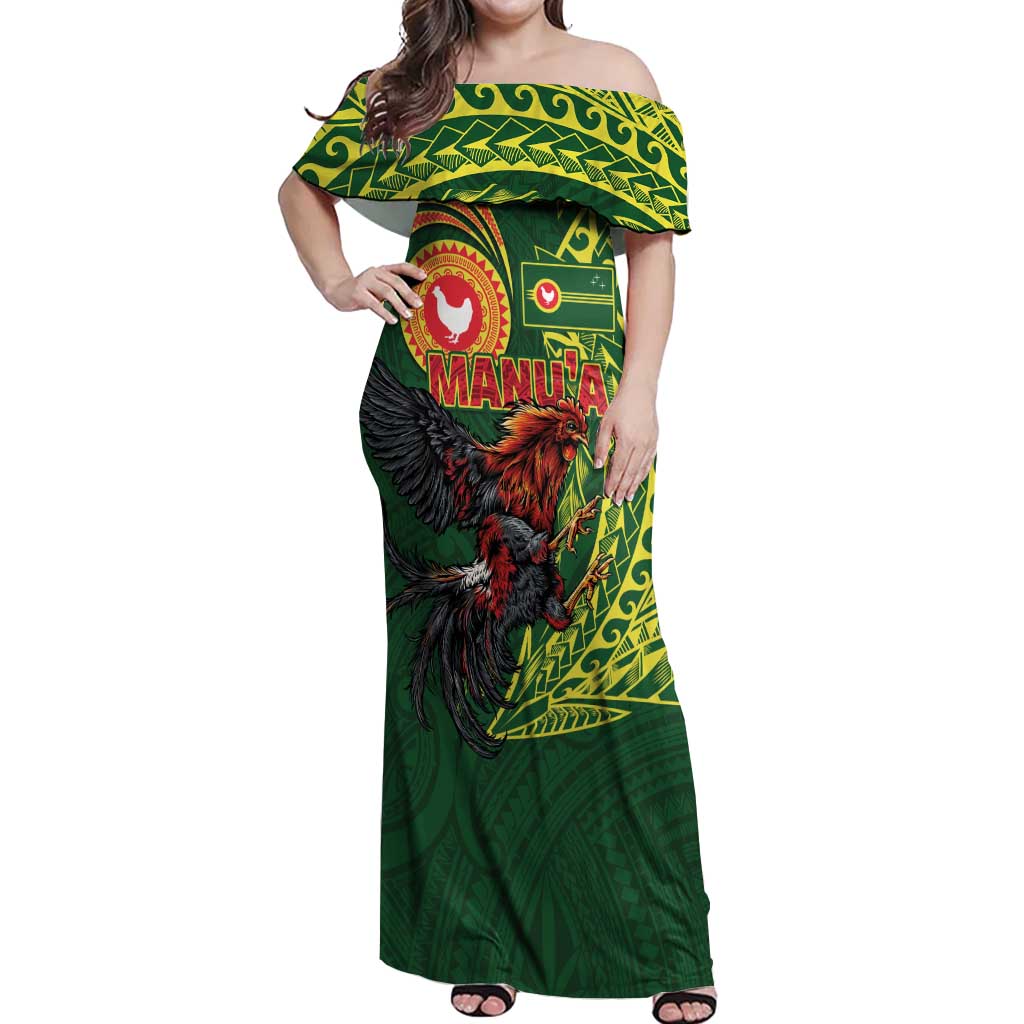 Proud of Manu'a Islands Off Shoulder Maxi Dress Rooster and Polynesian Art Wing Style LT03 Women Green - Polynesian Pride