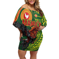 Proud of Manu'a Islands Off Shoulder Short Dress Rooster and Polynesian Art Wing Style LT03 Women Green - Polynesian Pride