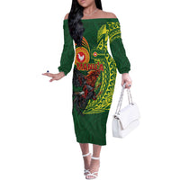 Proud of Manu'a Islands Off The Shoulder Long Sleeve Dress Rooster and Polynesian Art Wing Style LT03 Women Green - Polynesian Pride