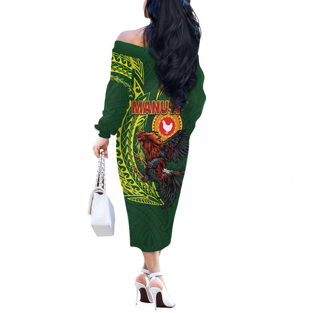 Proud of Manu'a Islands Off The Shoulder Long Sleeve Dress Rooster and Polynesian Art Wing Style LT03 - Polynesian Pride