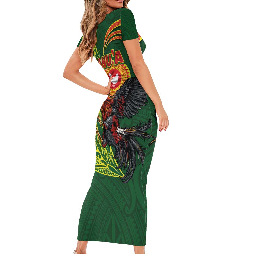 Proud of Manu'a Islands Short Sleeve Bodycon Dress Rooster and Polynesian Art Wing Style LT03 - Polynesian Pride