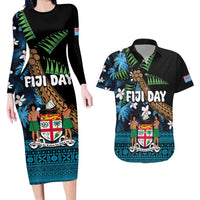 Fiji Day Couples Matching Long Sleeve Bodycon Dress and Hawaiian Shirt Palm Tree With Plumeria Tapa Tribal Pattern LT03 Blue - Polynesian Pride