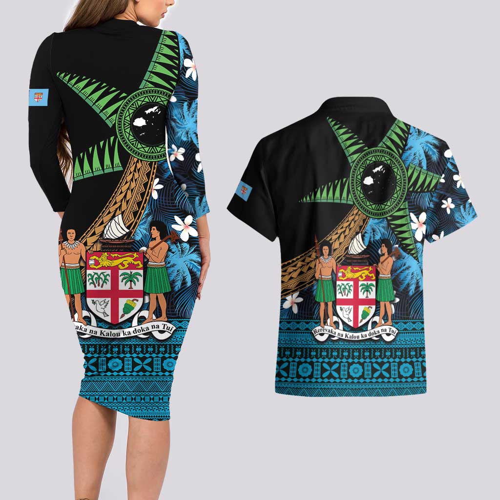 Fiji Day Couples Matching Long Sleeve Bodycon Dress and Hawaiian Shirt Palm Tree With Plumeria Tapa Tribal Pattern LT03 - Polynesian Pride