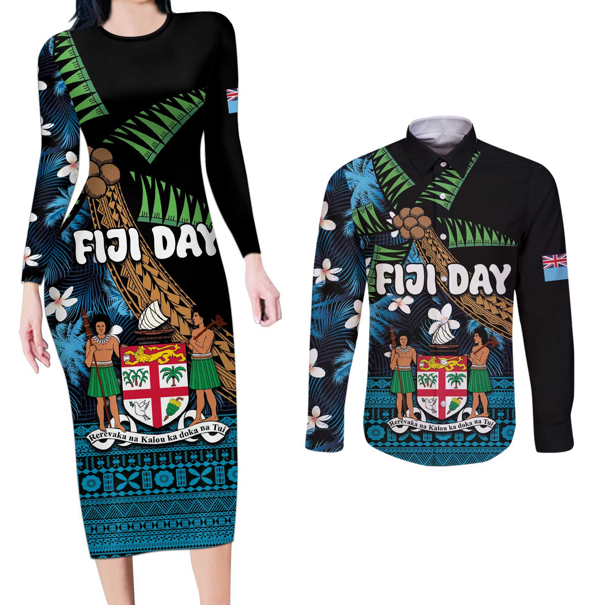 Fiji Day Couples Matching Long Sleeve Bodycon Dress and Long Sleeve Button Shirt Palm Tree With Plumeria Tapa Tribal Pattern LT03 Blue - Polynesian Pride