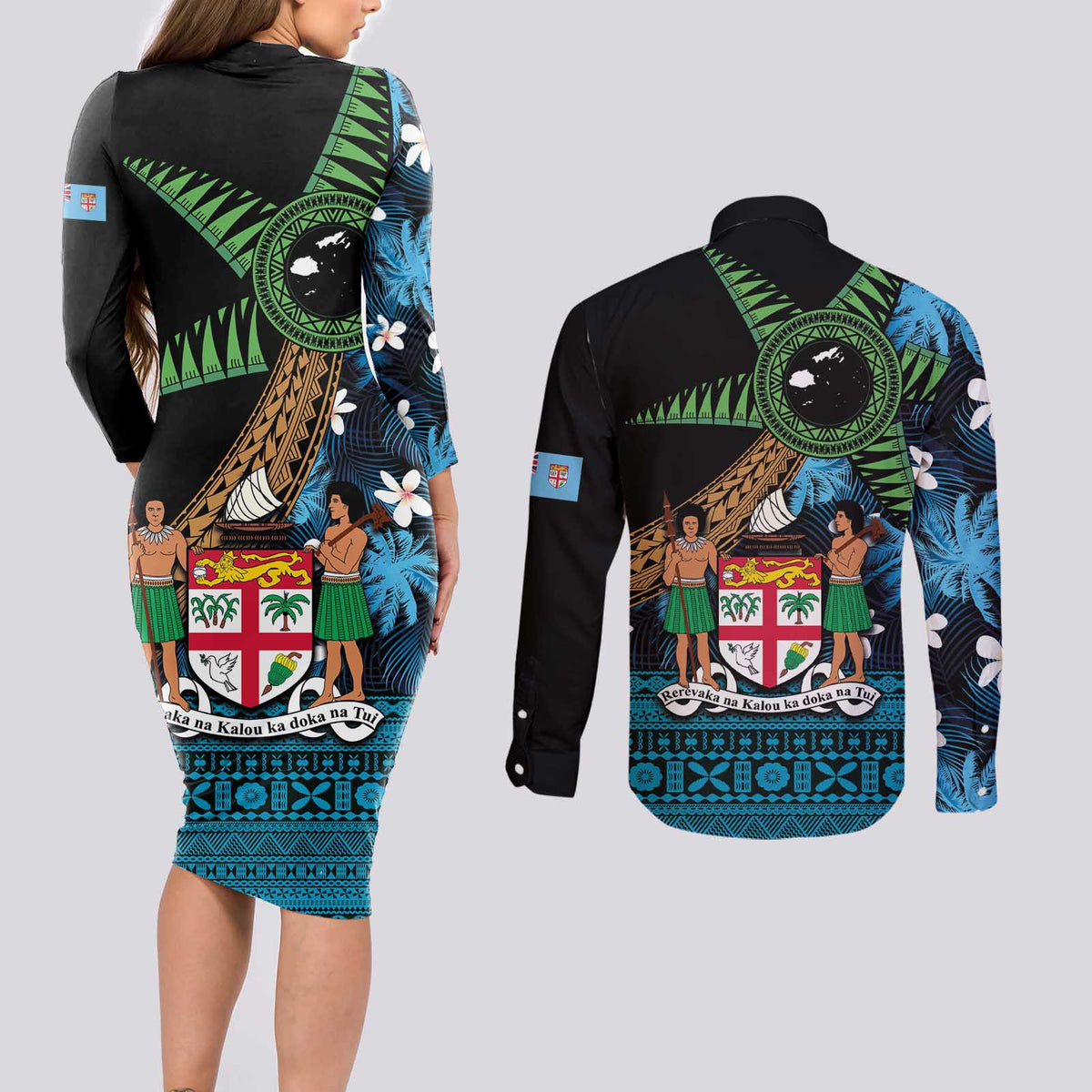 Fiji Day Couples Matching Long Sleeve Bodycon Dress and Long Sleeve Button Shirt Palm Tree With Plumeria Tapa Tribal Pattern LT03 - Polynesian Pride