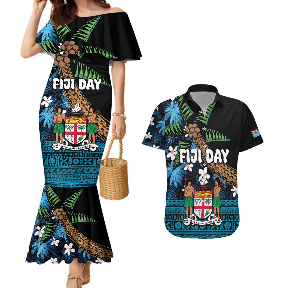 Fiji Day Couples Matching Mermaid Dress and Hawaiian Shirt Palm Tree With Plumeria Tapa Tribal Pattern LT03 Blue - Polynesian Pride