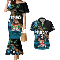 Fiji Day Couples Matching Mermaid Dress and Hawaiian Shirt Palm Tree With Plumeria Tapa Tribal Pattern LT03 Blue - Polynesian Pride