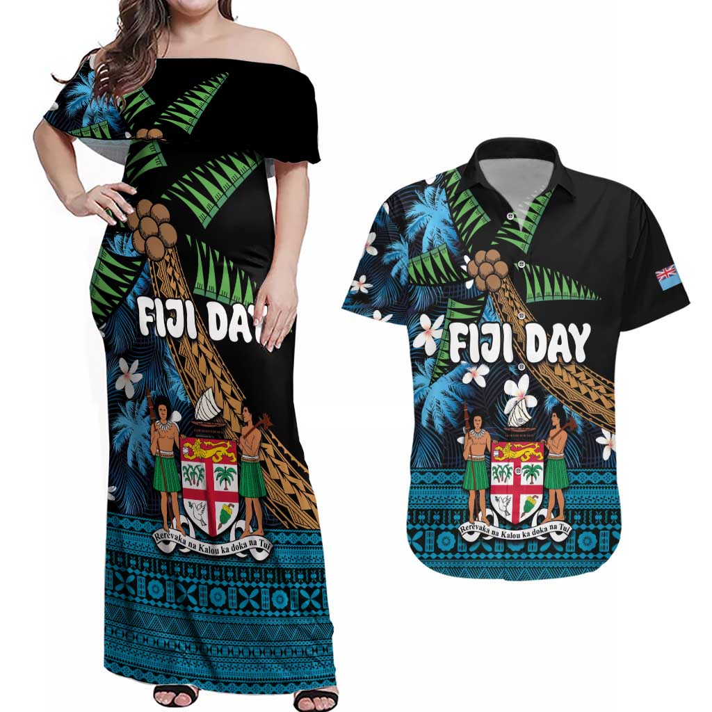Fiji Day Couples Matching Off Shoulder Maxi Dress and Hawaiian Shirt Palm Tree With Plumeria Tapa Tribal Pattern LT03 Blue - Polynesian Pride