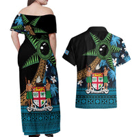 Fiji Day Couples Matching Off Shoulder Maxi Dress and Hawaiian Shirt Palm Tree With Plumeria Tapa Tribal Pattern LT03 - Polynesian Pride