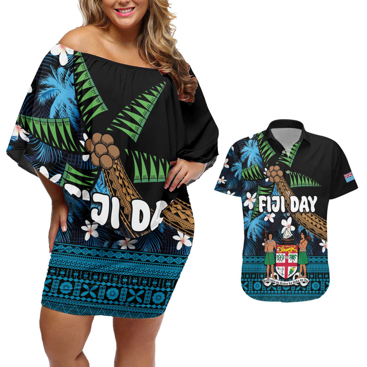 Fiji Day Couples Matching Off Shoulder Short Dress and Hawaiian Shirt Palm Tree With Plumeria Tapa Tribal Pattern LT03 Blue - Polynesian Pride