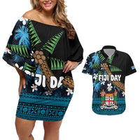 Fiji Day Couples Matching Off Shoulder Short Dress and Hawaiian Shirt Palm Tree With Plumeria Tapa Tribal Pattern LT03 Blue - Polynesian Pride