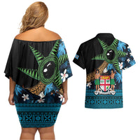 Fiji Day Couples Matching Off Shoulder Short Dress and Hawaiian Shirt Palm Tree With Plumeria Tapa Tribal Pattern LT03 - Polynesian Pride