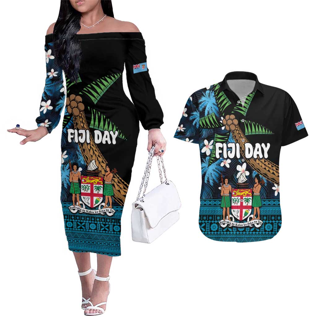 Fiji Day Couples Matching Off The Shoulder Long Sleeve Dress and Hawaiian Shirt Palm Tree With Plumeria Tapa Tribal Pattern LT03 Blue - Polynesian Pride