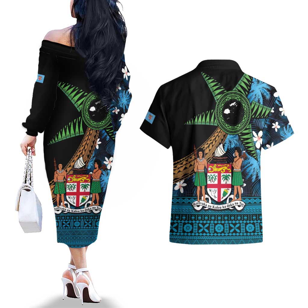 Fiji Day Couples Matching Off The Shoulder Long Sleeve Dress and Hawaiian Shirt Palm Tree With Plumeria Tapa Tribal Pattern LT03 - Polynesian Pride