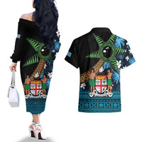 Fiji Day Couples Matching Off The Shoulder Long Sleeve Dress and Hawaiian Shirt Palm Tree With Plumeria Tapa Tribal Pattern LT03 - Polynesian Pride