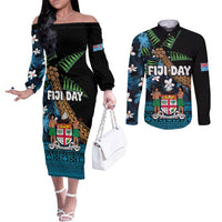 Fiji Day Couples Matching Off The Shoulder Long Sleeve Dress and Long Sleeve Button Shirt Palm Tree With Plumeria Tapa Tribal Pattern LT03 Blue - Polynesian Pride