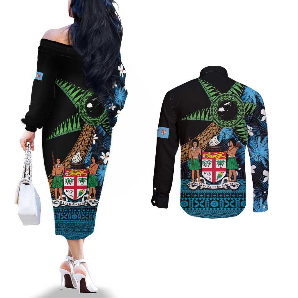 Fiji Day Couples Matching Off The Shoulder Long Sleeve Dress and Long Sleeve Button Shirt Palm Tree With Plumeria Tapa Tribal Pattern LT03 - Polynesian Pride