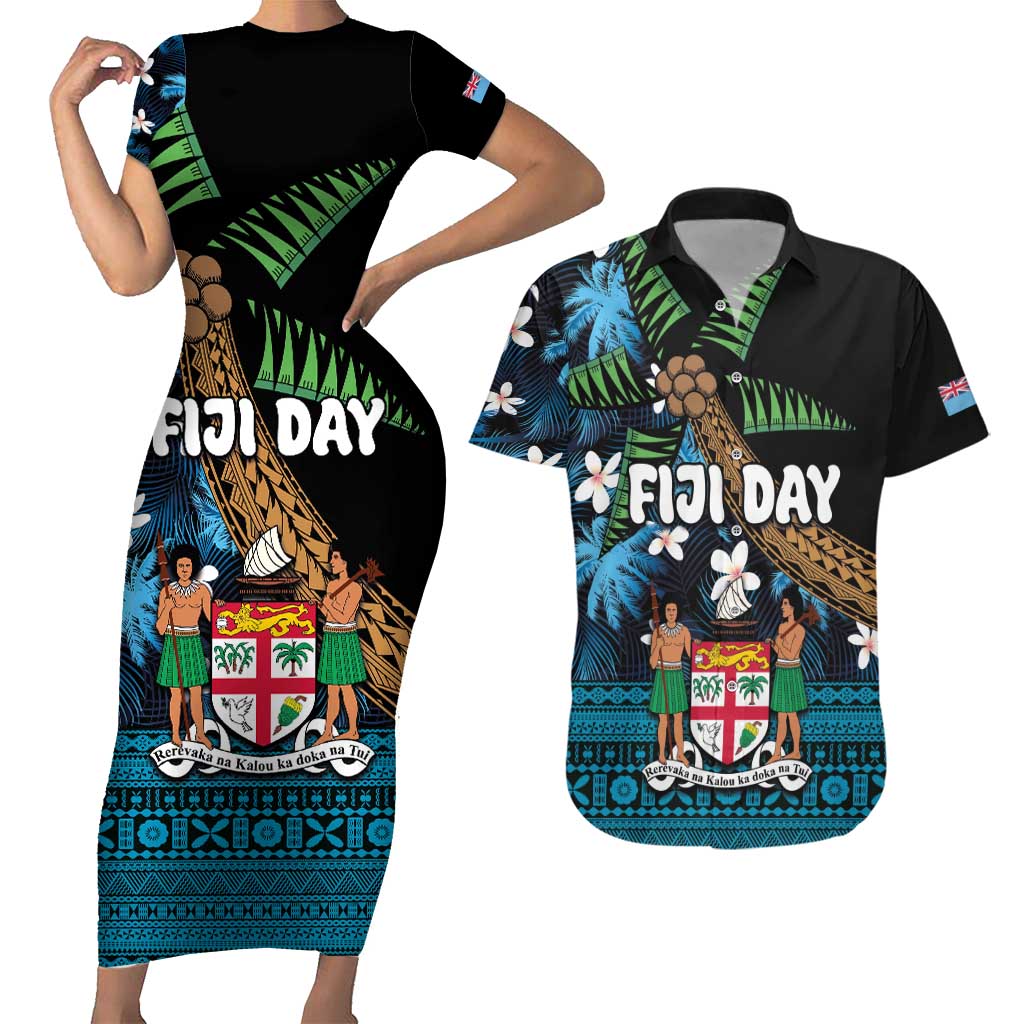 Fiji Day Couples Matching Short Sleeve Bodycon Dress and Hawaiian Shirt Palm Tree With Plumeria Tapa Tribal Pattern LT03 Blue - Polynesian Pride