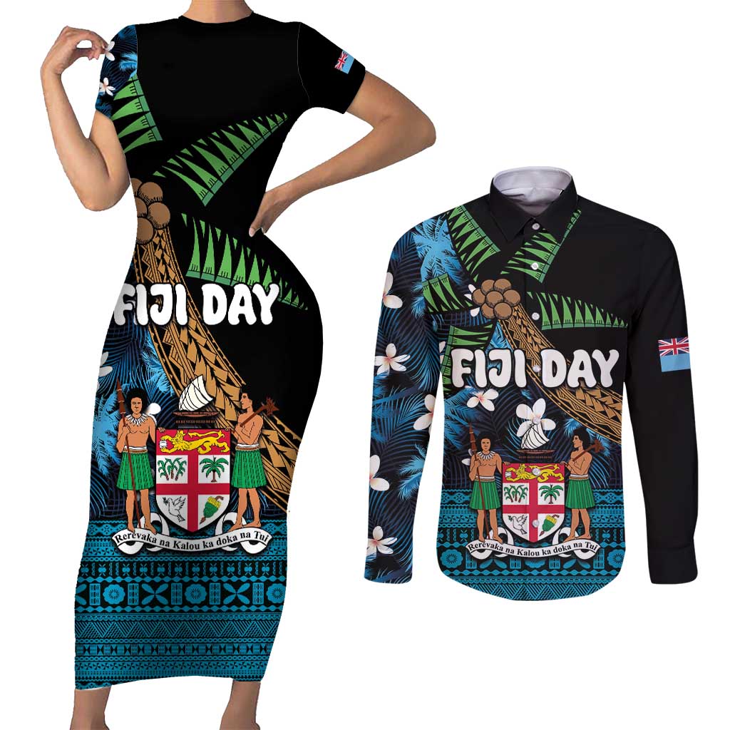 Fiji Day Couples Matching Short Sleeve Bodycon Dress and Long Sleeve Button Shirt Palm Tree With Plumeria Tapa Tribal Pattern LT03 Blue - Polynesian Pride