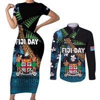 Fiji Day Couples Matching Short Sleeve Bodycon Dress and Long Sleeve Button Shirt Palm Tree With Plumeria Tapa Tribal Pattern LT03 Blue - Polynesian Pride