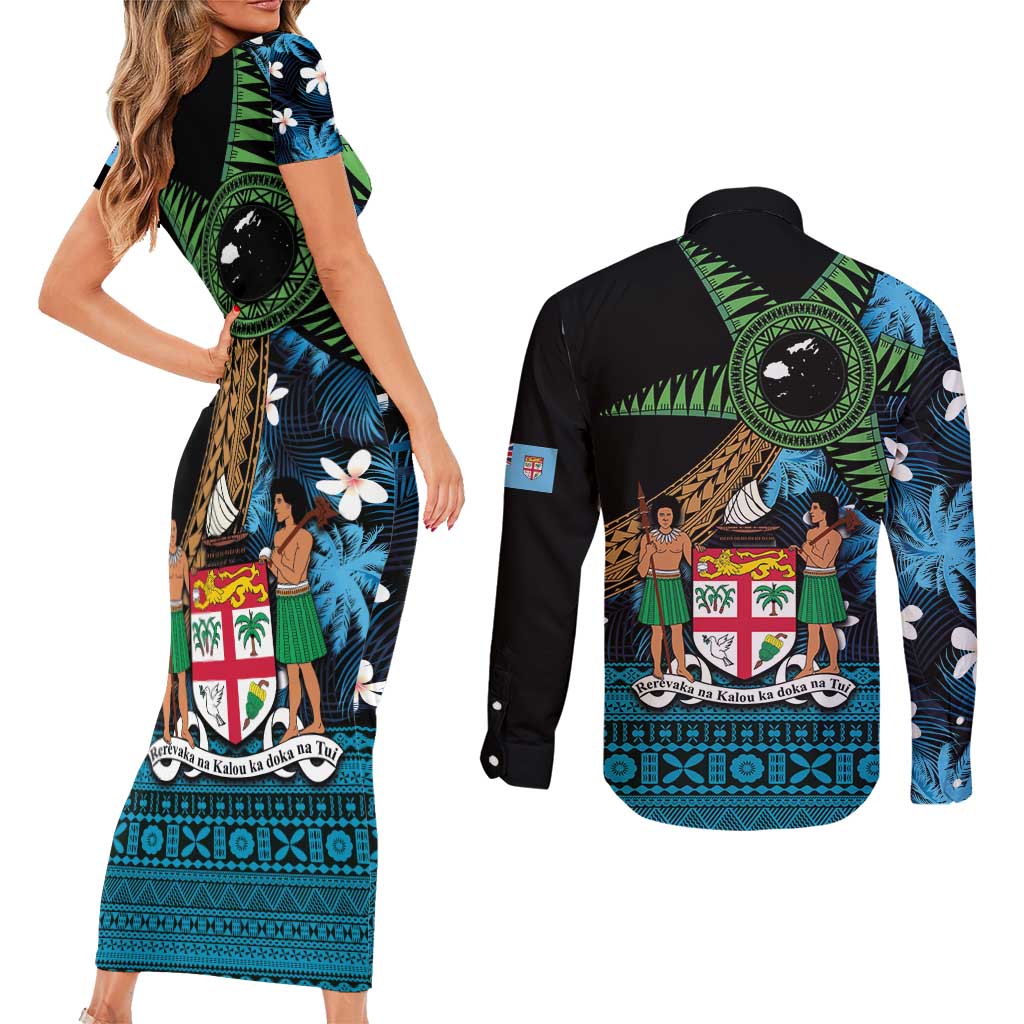 Fiji Day Couples Matching Short Sleeve Bodycon Dress and Long Sleeve Button Shirt Palm Tree With Plumeria Tapa Tribal Pattern LT03 - Polynesian Pride